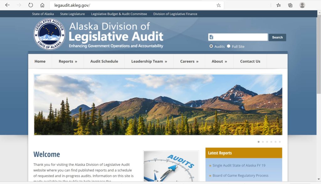 Homepage screenshot of the Alaska Division of Legislative Audit.